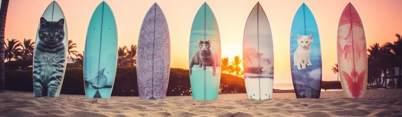 Foto op Aluminium Surfboards on the beach at sunset. Surfboards on the beach. Vacation Concept with Copy Space. Surfboards on the beach. Panoramic banner. vacation concept.  © John Martin