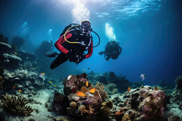 Scuba divers exploring a vibrant coral reef with tropical fish in a tranquil underwater scene suitable for leisure and tourism industries - obrazy, fototapety, plakaty
