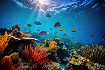 Underwater coral reef with diverse fish and sun rays invoking tranquility and adventure for marine biology education, eco-tourism, and conservation efforts