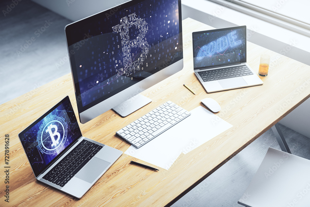 Poster creative bitcoin concept on modern laptop screen. 3d rendering