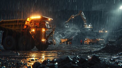 Excavator and truck parking with mining industry background