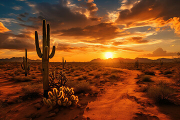 Saguaro cactus dominating tranquil desert landscape at sunset ideal for nature and travel themes