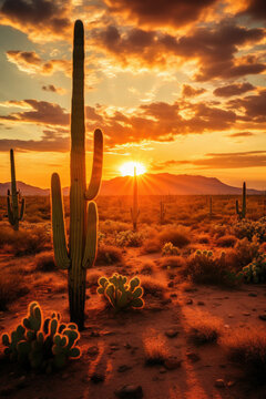 Serene desert sunset with cacti and vibrant sky suitable for travel or nature-themed usage