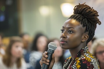 A businesswoman advocating for women's rights at a policy forum, emphasizing advocacy, policy change, and gender equality. - obrazy, fototapety, plakaty