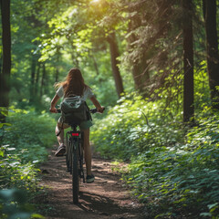Fototapeta premium Young woman enjoying a peaceful bike ride on a forest trail representing leisure fitness and nature adventure