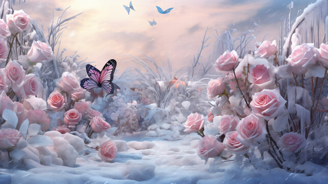  Flying butterflies and pink roses in a fairy snow