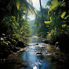 Peaceful tropical jungle with serene river suitable for travel and eco-tourism ads