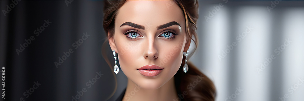 Sticker Beautiful face of young caucasian girl with natural make-up, perfect skin and blue eyes isolated. Studio portrait. Portrait of beautiful young brunette woman with smooth skin isolated on dark