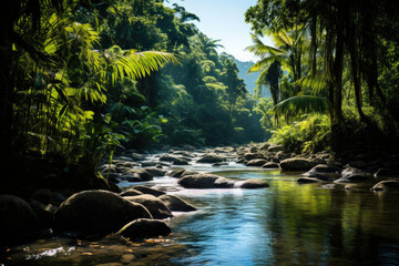 Serene tropical river with lush palms serene atmosphere perfect for travel and adventure in a pristine environment