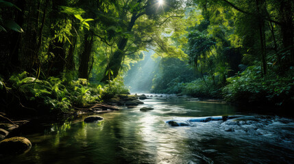 Sunlight filtering through green foliage in a tranquil forest scene, ideal for travel and ecology related industries