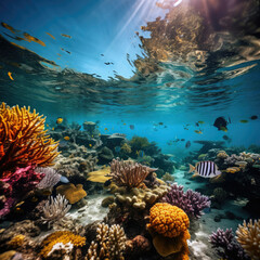 Naklejka na ściany i meble Underwater coral reef teeming with marine life ideal for tourism and diving exploration
