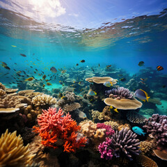 Fototapeta na wymiar Underwater coral reef with tropical fish in a serene ecosystem promoting marine biology eco-tourism and conservation