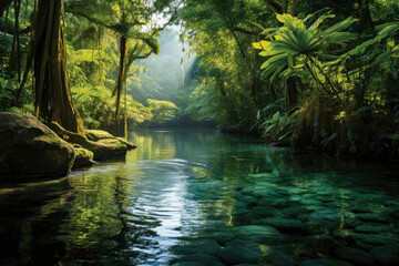 Serene Jungle River Scene Ideal for Eco Tourism and Travel Destinations Tranquil Lush Greenery Clear Waters and Sunny Vibration