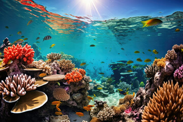 Naklejka na ściany i meble Underwater paradise with colorful coral reef and diverse fish ideal for ecotourism and marine conservation
