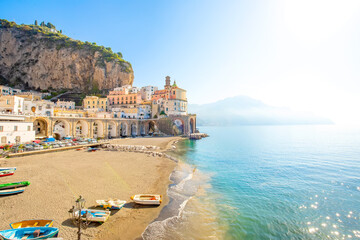 Scenic view of small Italian village Atrani, Amalfi Coast, Italy travel photo