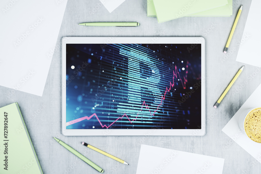 Aufkleber creative bitcoin concept on modern digital tablet display. top view. 3d rendering