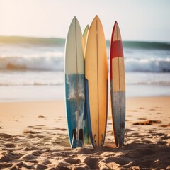 Surfboards on the beach at sunset. Vacation concept. Surfboards on the beach. Vacation Concept with Copy Space.