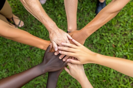 A circle of friends from diverse backgrounds holding hands in a field, symbolizing unity and peace across cultures.