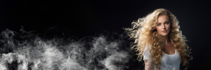 Beautiful blond girl with evening haircut form of waves and bright makeup isolated on black background with smoke effect. Beauty face. Copy space banner with a place for text
