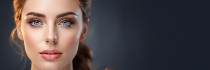 Fototapeta premium Beautiful face of young caucasian girl with natural make-up, perfect skin and blue eyes isolated. Studio portrait. Portrait of beautiful young brunette woman with smooth skin isolated on dark