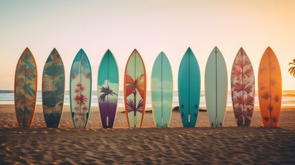 Surfboards on the beach at sunset. Surfboards on the beach. Vacation Concept with Copy Space....