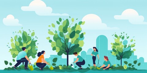 Illustration of people planting trees, promoting urban greening and community engagement.