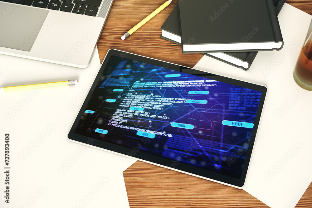 Poster top view of modern digital tablet monitor with abstract programming language hologram, artificial in