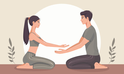 Fototapeta premium Couple doing yoga. Pair yoga. Couples meditation. Man and woman look at each other and extend their arms towards each other. Character in Faceless style. Vector illustration.