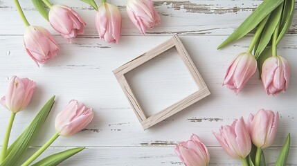 The photo frame beautifully embellished with pink tulips creates a picturesque setting with ample copy space for text or captions.