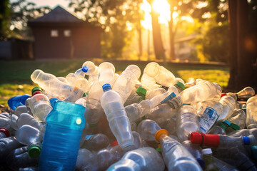 Plastic bottles in a waste bin outside of house. AI Generative - obrazy, fototapety, plakaty