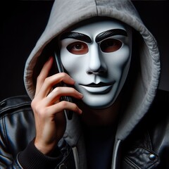 A scammer in a mask and hood makes a phone call.