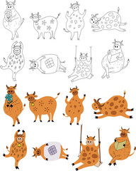Fototapeta premium Set of cute doodle cartoon cows on white background. Animal illustration collection.