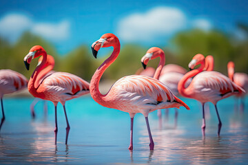 Flock of pink flamingos wading in shallow Caribbean waters creating a vibe of tropical wildlife grace serenity and natural elegance suitable for wildlife conservation themes