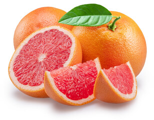 RRed grapefruits and grapefruit slices on white background. File contains clipping path.