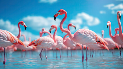 A serene flock of pink flamingos under a bright blue sky in a tropical habitat, perfect for wildlife and nature industries