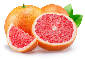 RRed grapefruits and grapefruit slices on white background. File contains clipping path.