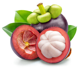 Mangosteen fruit and mangosteen cut in half isolated on white background.