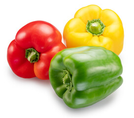 Green, yellow and red bell peppers isolated on white background. File contains clipping path.