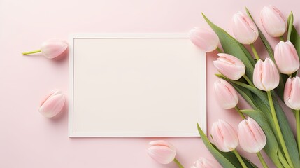 A charming display featuring an empty photo frame adorned with pink tulips, creating a delightful space for adding text or personalized messages.
