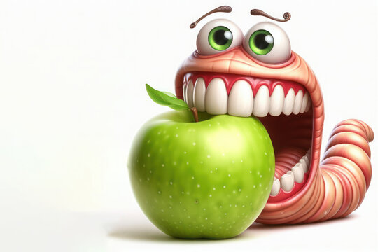 A large, toothy worm eats an apple. Space for text.