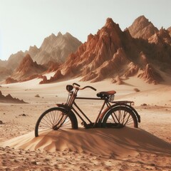 An abandoned, rusty bicycle sprinkled with sand in the desert.