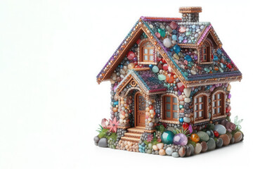 A model of a private house decorated with precious stones. Space for text.
