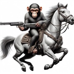 Fototapeta na wymiar A monkey with a gun rides a horse.