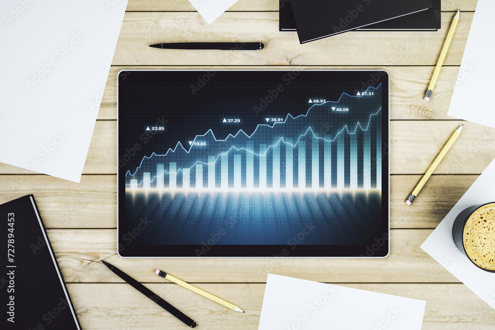 Poster modern digital tablet display with abstract financial graph, financial and trading concept. top view