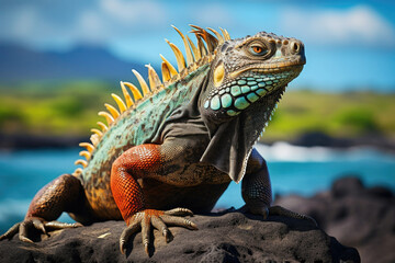 Close-up of a vibrant iguana basking on a sunny rocky coastal area evoking exotic wildlife themes suitable for nature and conservation industries