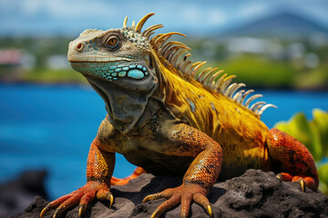 Naklejka premium Colorful close-up of an iguana in its natural habitat suitable for wildlife education and ecotourism promotion