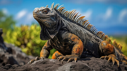 Fototapeta premium Iguana basking in the sun ideal for wildlife and conservation themes showing powerful gaze and vibrant tropical environment