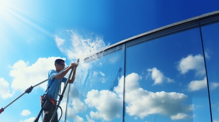 The window cleaner uses specialized equipment to access the skyscraper on a sunny day with a bright blue sky.