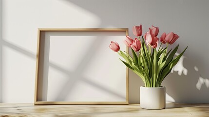 An empty photo frame adorned with charming pink tulips, offering a delightful space for memories and text.