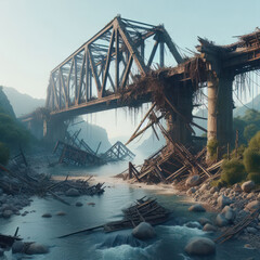 A partially destroyed bridge after the disaster. - obrazy, fototapety, plakaty